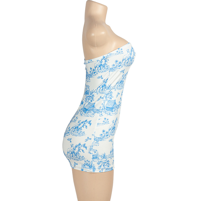 Sleeveless Fashion Print Strapless Fitted Mini Dress