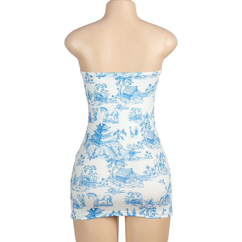 Sleeveless Fashion Print Strapless Fitted Mini Dress