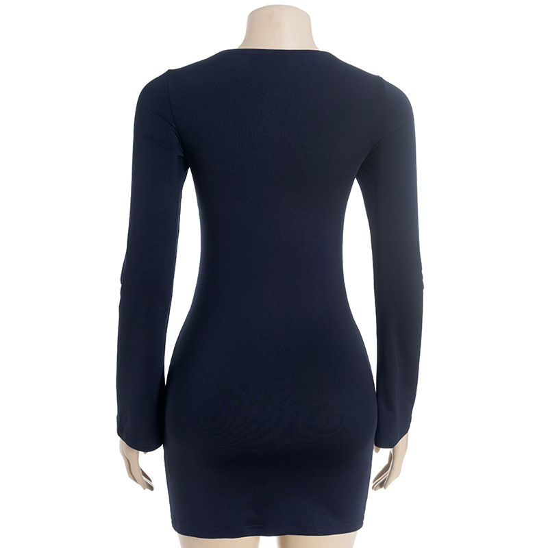 Square Neck Long Sleeve Solid Color Pullover Fitted Mini Dress
