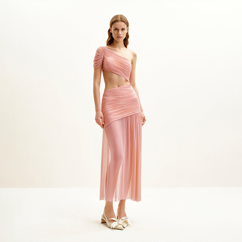 Asymmetrical One-Shoulder Ruched Waist Sheer Mesh Panel Solid Color Long Bodycon Dress