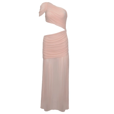 Asymmetrical One-Shoulder Ruched Waist Sheer Mesh Panel Solid Color Long Bodycon Dress 01