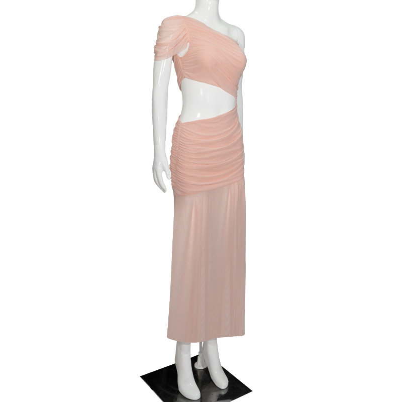 Asymmetrical One-Shoulder Ruched Waist Sheer Mesh Panel Solid Color Long Bodycon Dress