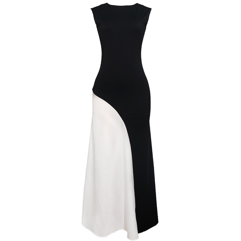 Round Neck Sleeveless Waist-Cinched Colorblock Black White Panel Dress