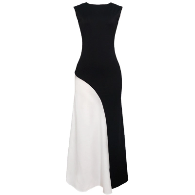 Round Neck Sleeveless Waist-Cinched Colorblock Black White Panel Dress 01
