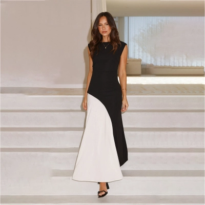 Round Neck Sleeveless Waist-Cinched Colorblock Black White Panel Dress 02