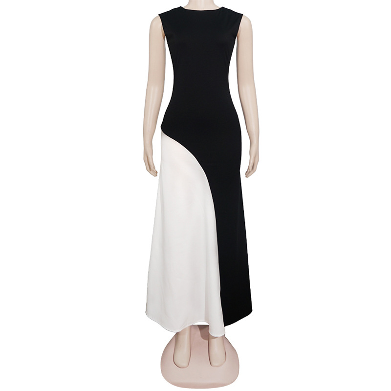 Round Neck Sleeveless Waist-Cinched Colorblock Black White Panel Dress