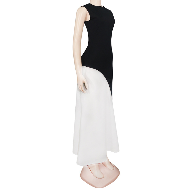 Round Neck Sleeveless Waist-Cinched Colorblock Black White Panel Dress