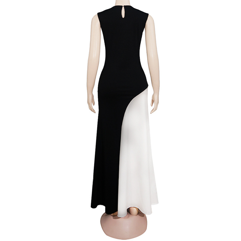 Round Neck Sleeveless Waist-Cinched Colorblock Black White Panel Dress