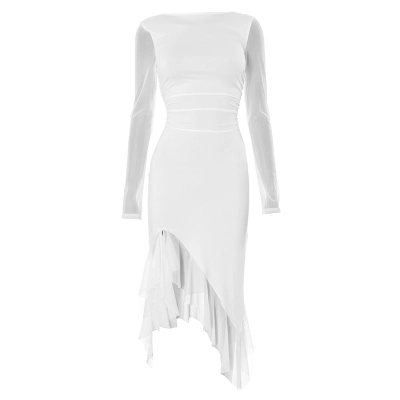 Solid Color Round Neck Mesh Panel Long Sleeve Slit Midi Dress 01