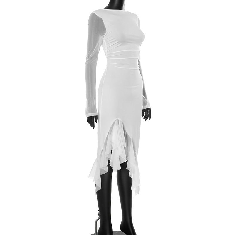 Solid Color Round Neck Mesh Panel Long Sleeve Slit Midi Dress