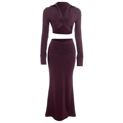 V-Neck Long Sleeve Crop Top & Solid Color Knot Detail High Waist Bodycon Mermaid Skirt Set 01