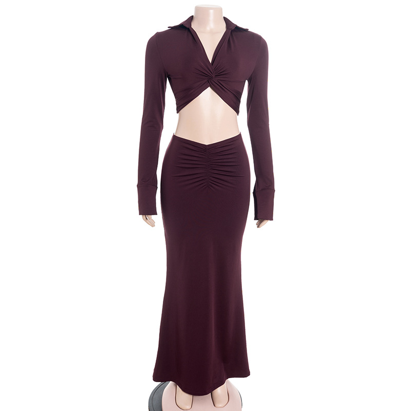 V-Neck Long Sleeve Crop Top & Solid Color Knot Detail High Waist Bodycon Mermaid Skirt Set