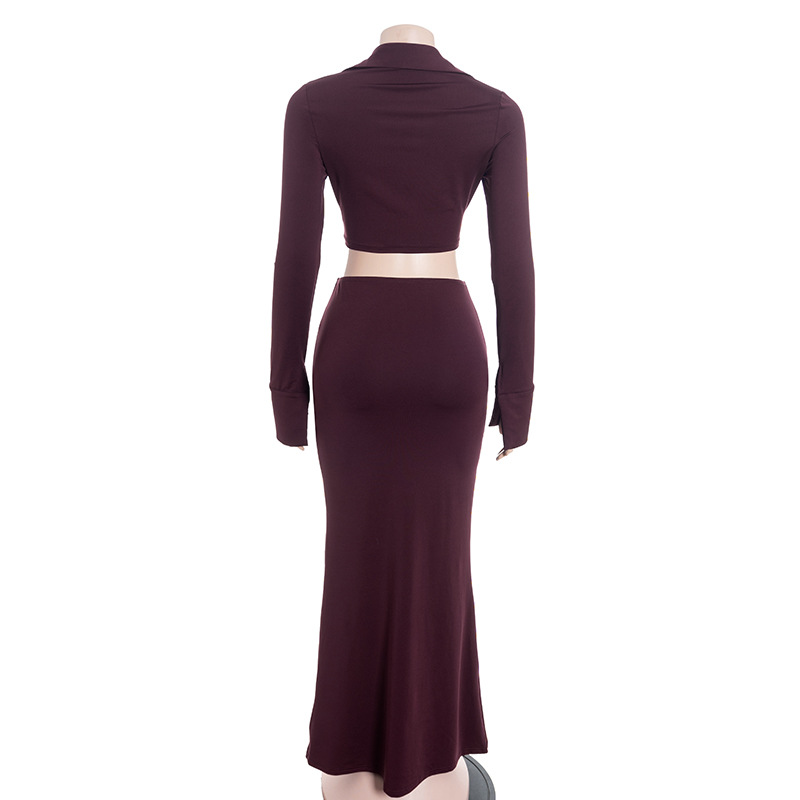 V-Neck Long Sleeve Crop Top & Solid Color Knot Detail High Waist Bodycon Mermaid Skirt Set