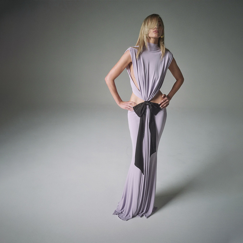 Round Neck Sleeveless Backless Waist-Baring Low Waist Color-Block Maxi Dress