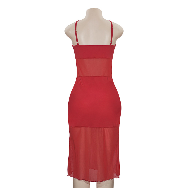 Sexy Thin Strap Sheer Mesh Overlay Maxi Dress
