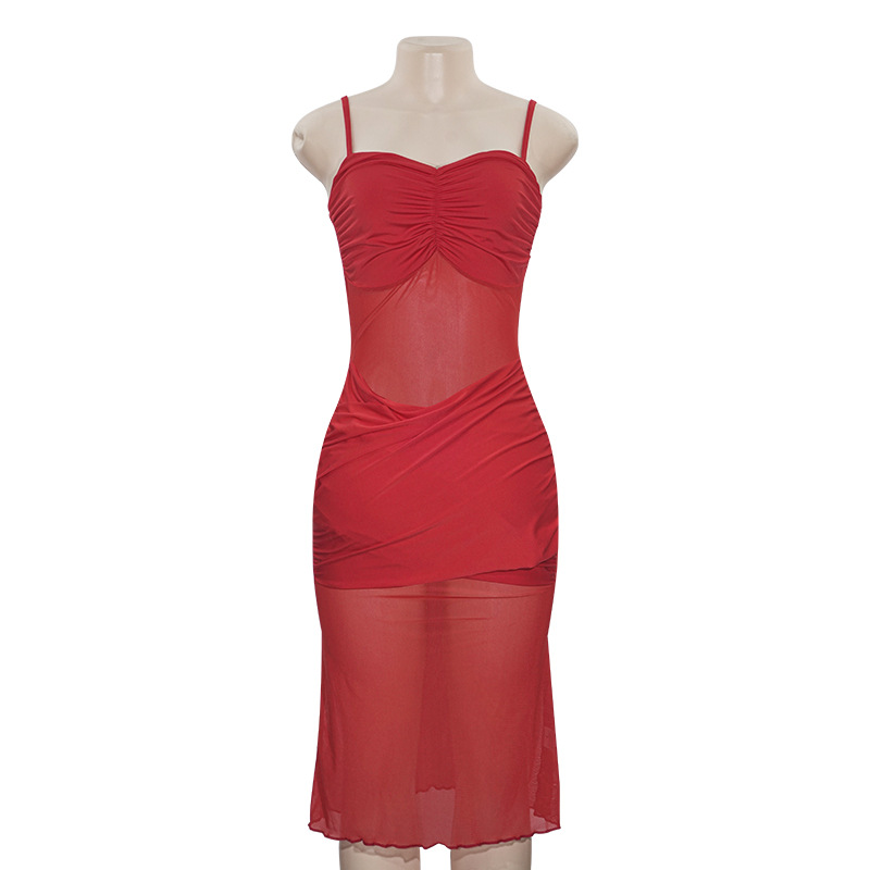 Sexy Thin Strap Sheer Mesh Overlay Maxi Dress