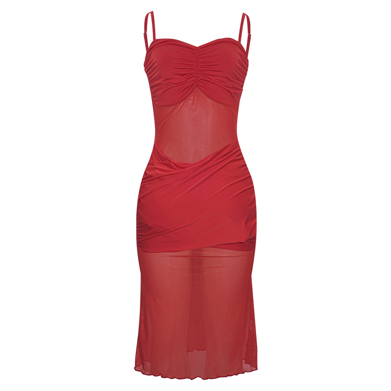 Sexy Thin Strap Sheer Mesh Overlay Maxi Dress