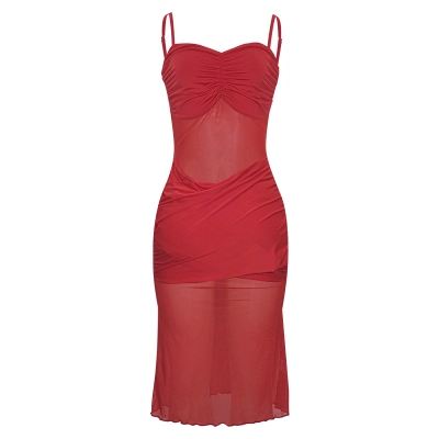 Sexy Thin Strap Sheer Mesh Overlay Maxi Dress 01