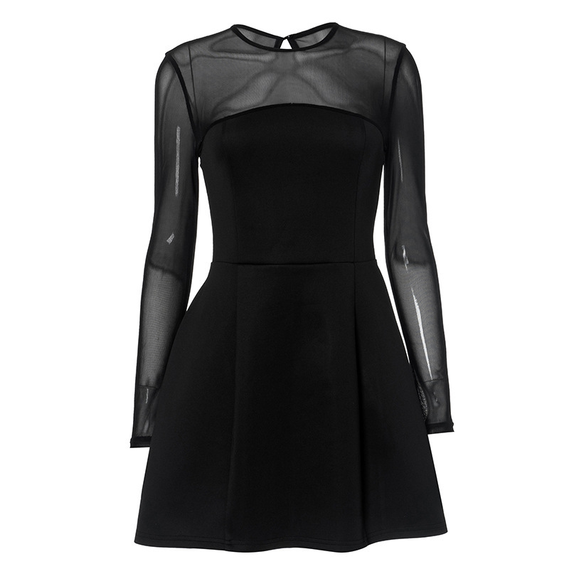 Round Neck Long Sleeve Mesh Panel Bodycon Mini Dress