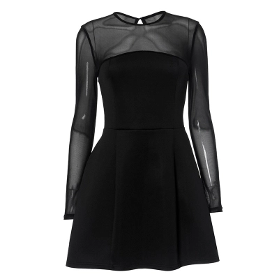 Round Neck Long Sleeve Mesh Panel Bodycon Mini Dress 01