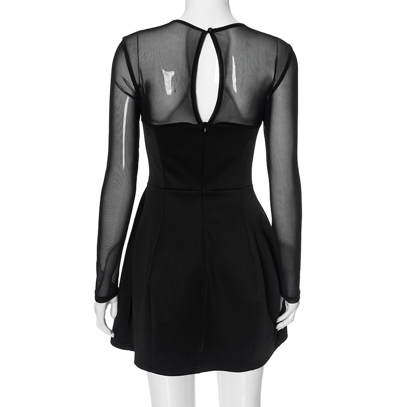 Round Neck Long Sleeve Mesh Panel Bodycon Mini Dress