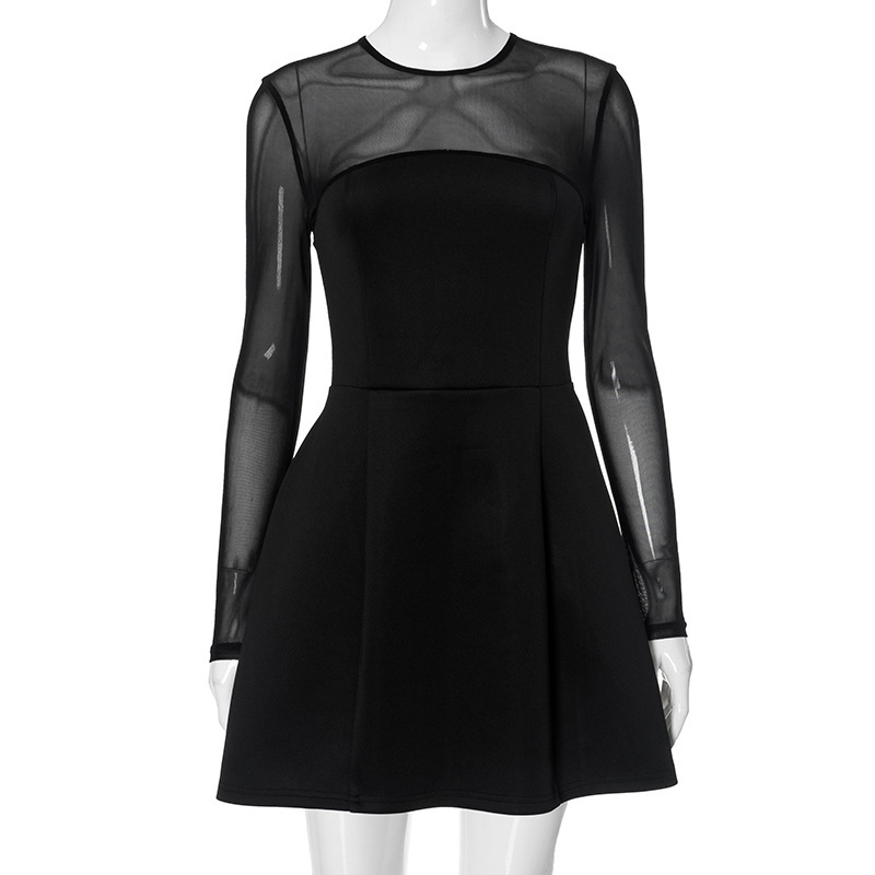 Round Neck Long Sleeve Mesh Panel Bodycon Mini Dress
