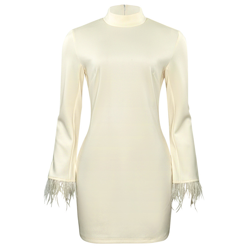 Solid Color Round Neck Feather Trim Bodycon Mini Dress