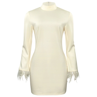 Solid Color Round Neck Feather Trim Bodycon Mini Dress 01