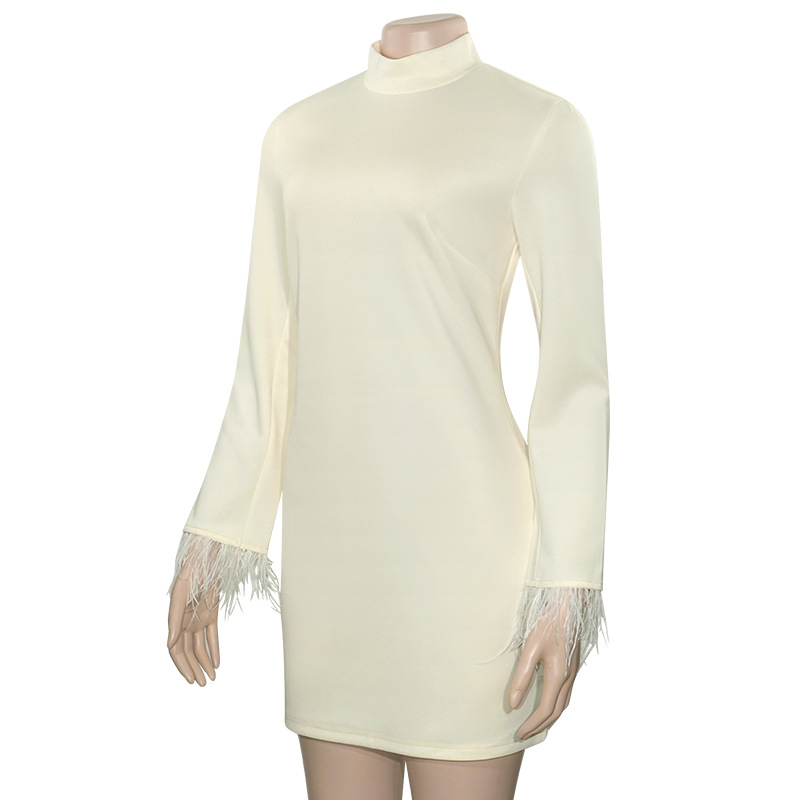 Solid Color Round Neck Feather Trim Bodycon Mini Dress