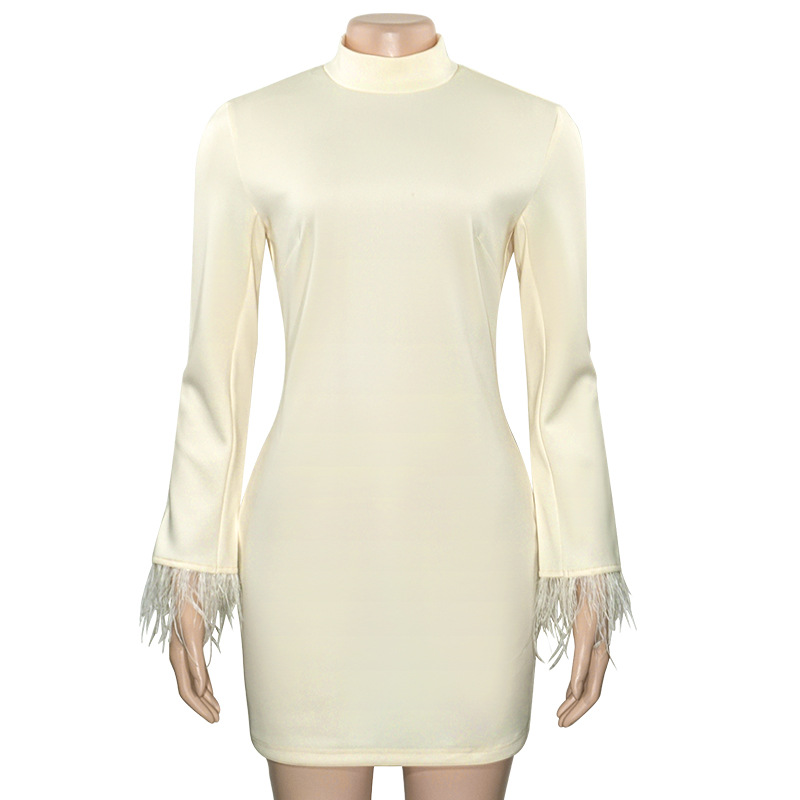 Solid Color Round Neck Feather Trim Bodycon Mini Dress