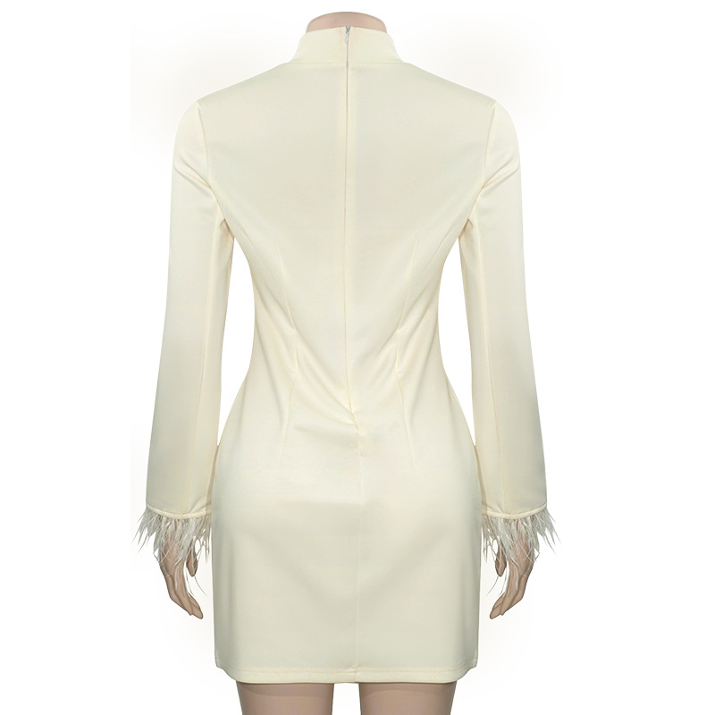 Solid Color Round Neck Feather Trim Bodycon Mini Dress
