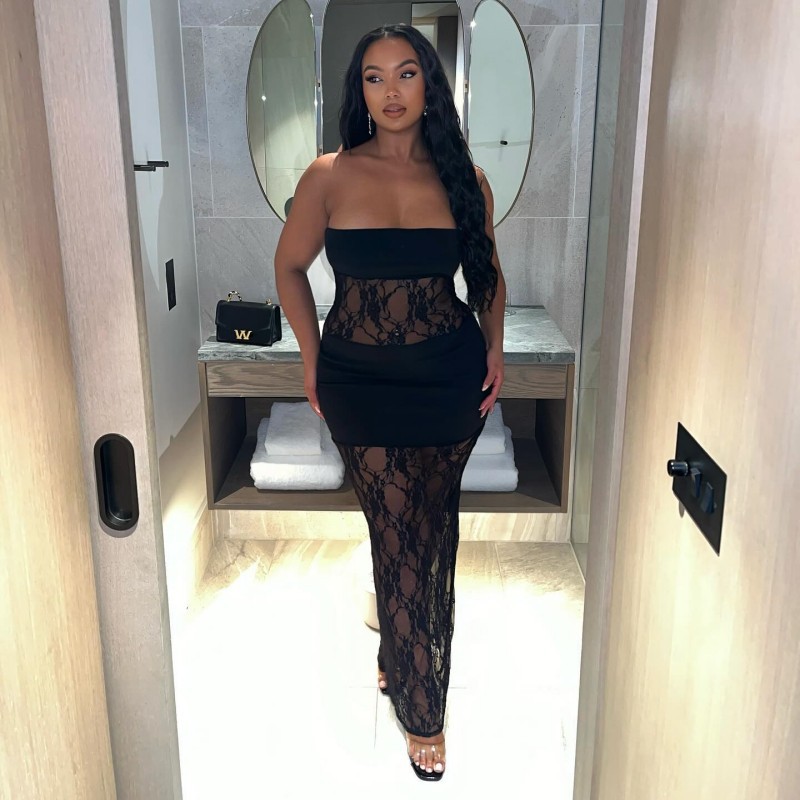 Solid Color Sleeveless Strapless Lace Panel Bodycon Dress