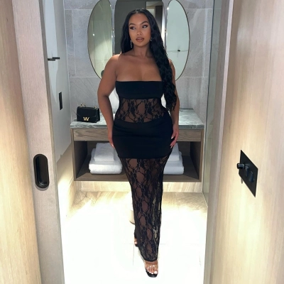 Solid Color Sleeveless Strapless Lace Panel Bodycon Dress 02