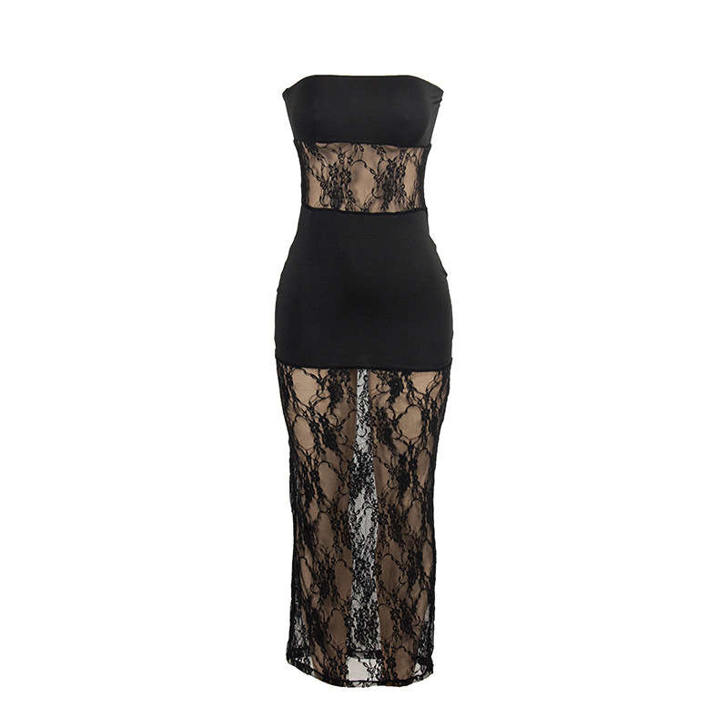 Solid Color Sleeveless Strapless Lace Panel Bodycon Dress