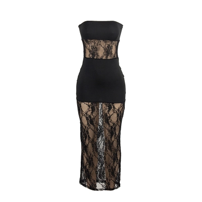 Solid Color Sleeveless Strapless Lace Panel Bodycon Dress 01