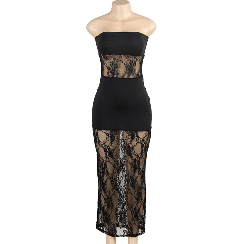 Solid Color Sleeveless Strapless Lace Panel Bodycon Dress