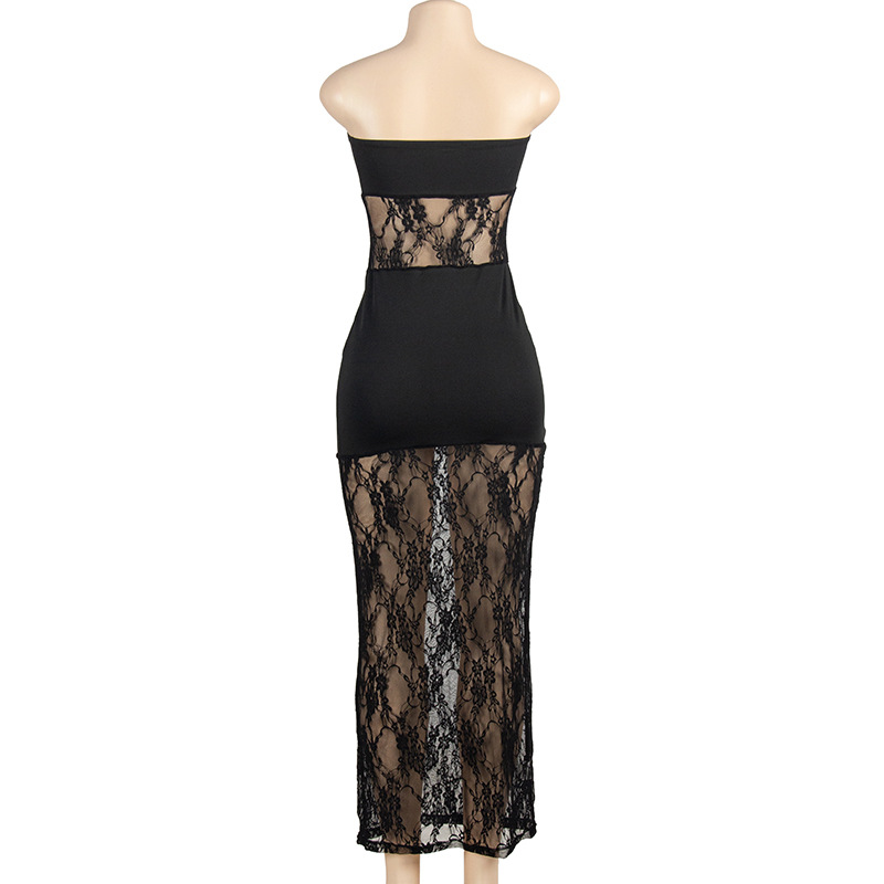 Solid Color Sleeveless Strapless Lace Panel Bodycon Dress