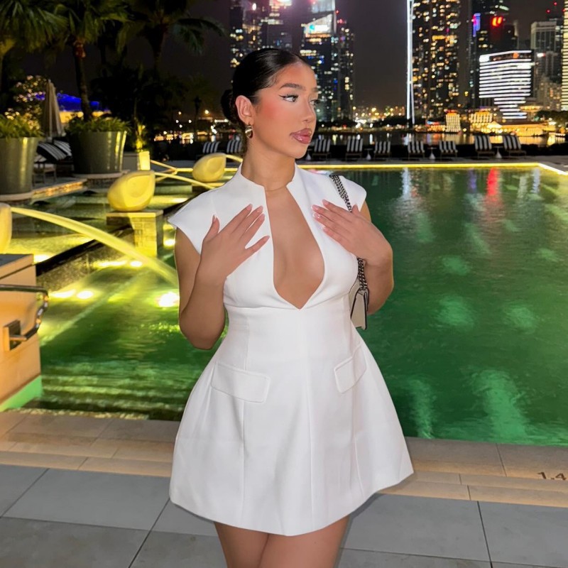 Solid Color Deep V Neck Sleeveless Mini Bodycon Dress