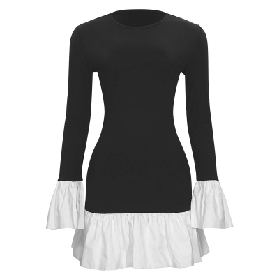 Fall New Black & White Colorblock Long Sleeve Bodycon Midi Dress 01