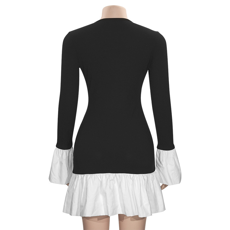 Fall New Black & White Colorblock Long Sleeve Bodycon Midi Dress