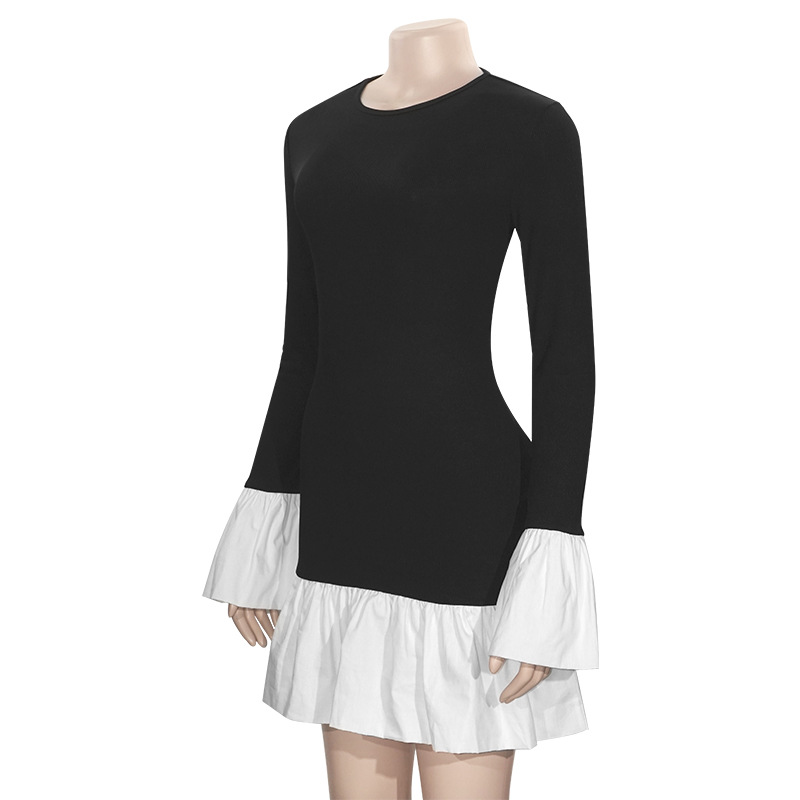 Fall New Black & White Colorblock Long Sleeve Bodycon Midi Dress