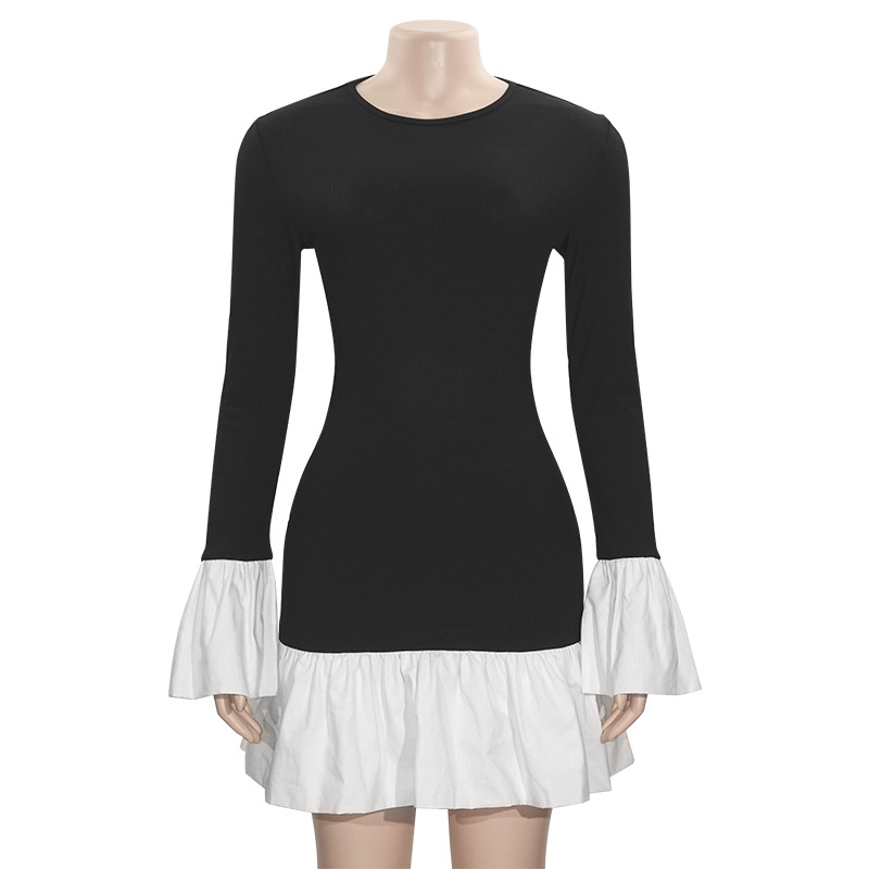 Fall New Black & White Colorblock Long Sleeve Bodycon Midi Dress