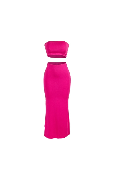 Summer New Solid Color Sleeveless Bustier Crop Top & High-Waisted Bodycon Long Skirt Two-Piece Set 01
