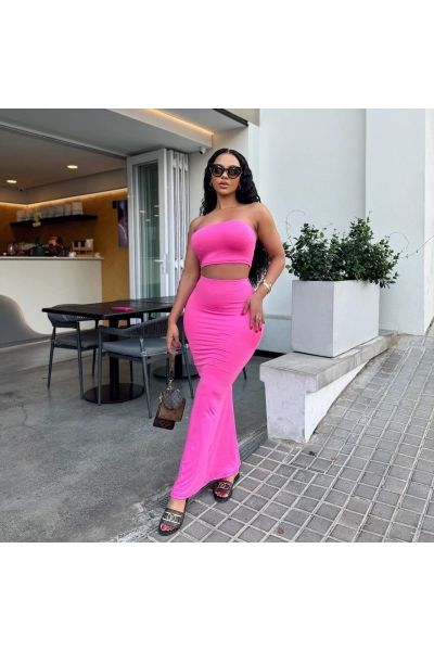 Summer New Solid Color Sleeveless Bustier Crop Top & High-Waisted Bodycon Long Skirt Two-Piece Set 02