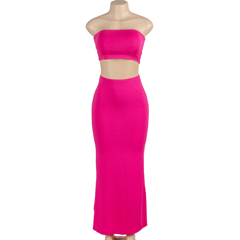 Summer New Solid Color Sleeveless Bustier Crop Top & High-Waisted Bodycon Long Skirt Two-Piece Set