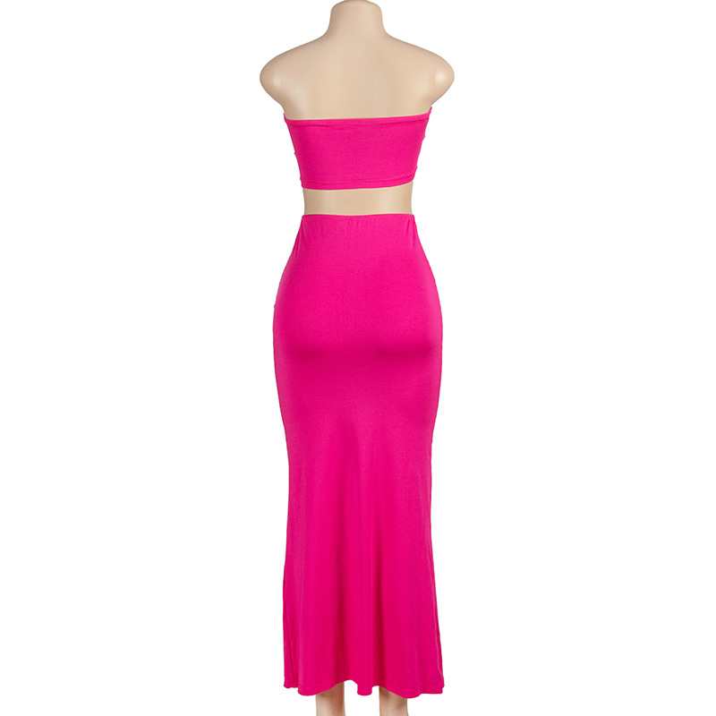 Summer New Solid Color Sleeveless Bustier Crop Top & High-Waisted Bodycon Long Skirt Two-Piece Set