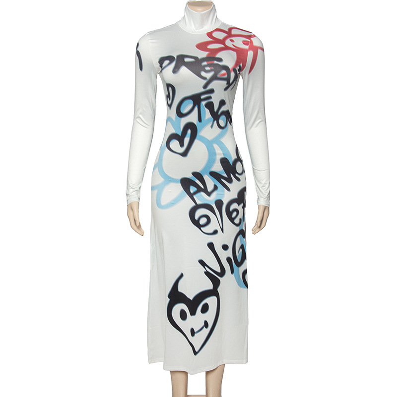 Fall New Round Neck Long Sleeve Graffiti Letter Print Bodycon Midi Dress
