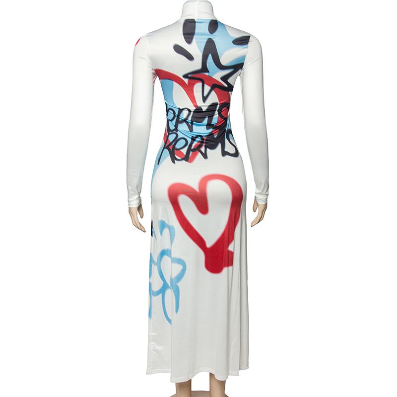 Fall New Round Neck Long Sleeve Graffiti Letter Print Bodycon Midi Dress