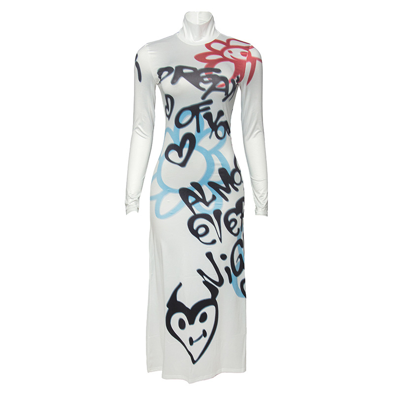 Fall New Round Neck Long Sleeve Graffiti Letter Print Bodycon Midi Dress