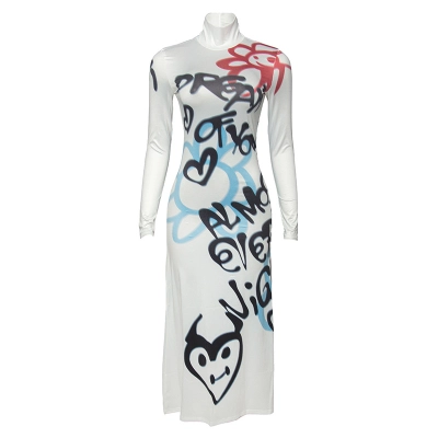 Fall New Round Neck Long Sleeve Graffiti Letter Print Bodycon Midi Dress 01